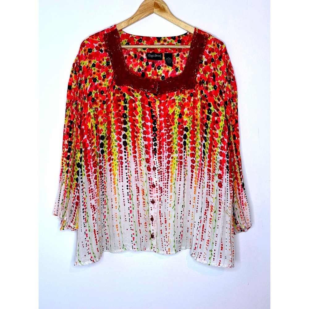 Maggie Barnes 3X Floral Print‎ Button Front Blouse 26/28W Long Sleeve Top